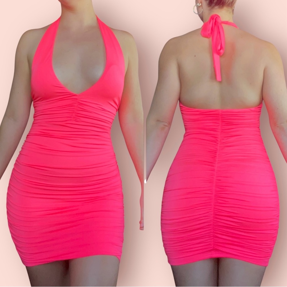 Bodycon runch halter mini dress hot pink party clubbing medium